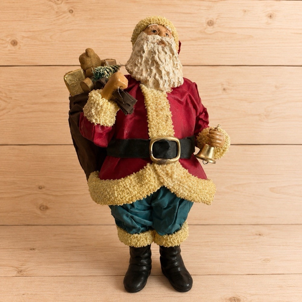 Vintage Standing Santa Claus Figure w/ Sack Bell Teddy Bear Christmas 18" [A1]